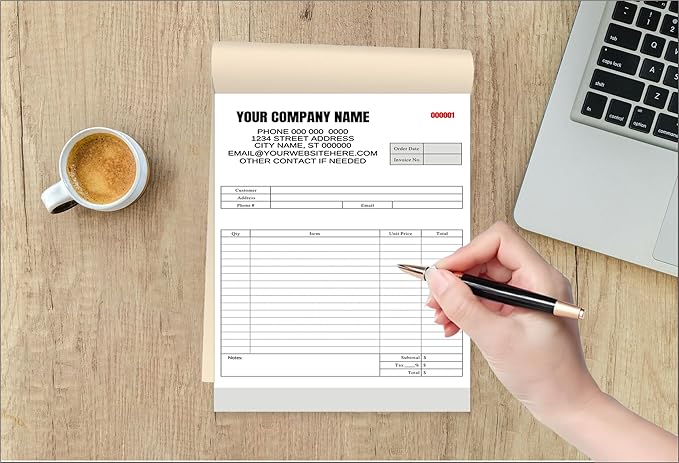 Custom Carbonless Invoice Book with Logo, Personalized Cover & Inner Pages, 2 Part NCR Receipt & Work Order Forms, Easy Tear, Writing Shield for Small Business (2-Part [White/Blue], 11.8x8.3INCH)