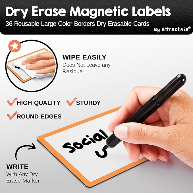 Attractivia Dry Erase Magnetic Labels 5.6 x 3.7 in, Color Borders, Large Dry Erase Magnets, 36-Pack, Erasable Write-On All-Purpose Labels, for Office, Kanban Boards, Education, Home, Whiteboard