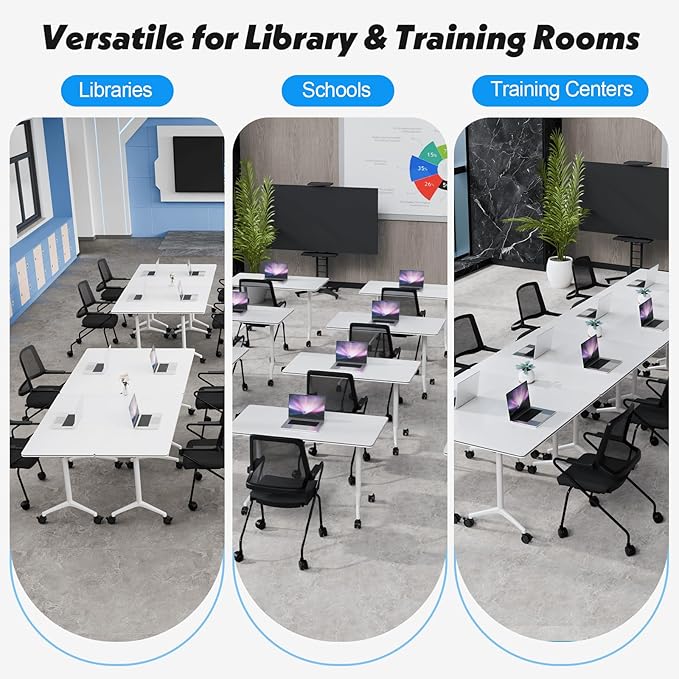 Goakwwuz Conference Room Table, Folding Conference Tables,Thicken Grey Tabletop,Flip Top Wooden Seminar Meeting Room Table for Conference Room Offices (6, White, 55.1”)