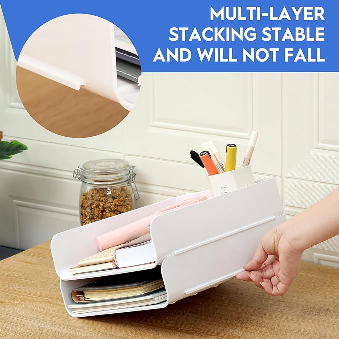 CiWiVOKi Desk Letter Tray Set of 2, Office Organization and Storage, PET Stackable Document Organizer for Notes, Pens, File Paper, White