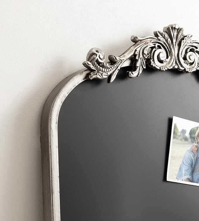 Kate and Laurel Arendahl Arch Chalkboard; Silver; 19 x 31; Framed Arched Ornate Vintage Magnetic Chalkboard for Unique Display; Decoration; and Organization