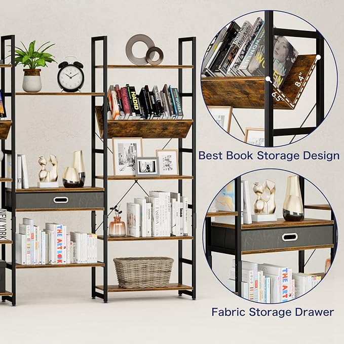 NUMENN Triple Wide 5 Tier Bookshelf, Adjustable Rustic Industrial Style Book Shelves, Modern Bookcases and Bookshelves Furniture for Bedroom, Living Room and Home Office, Vintage Brown