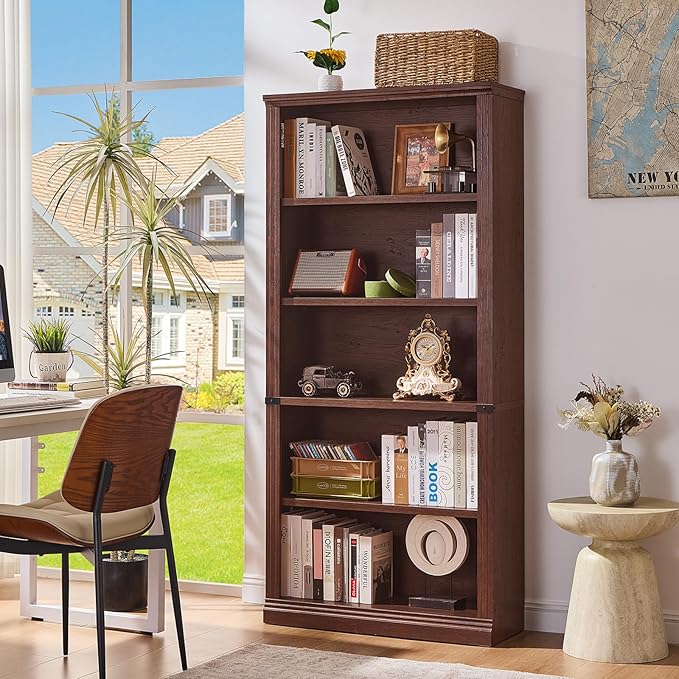RWYHG 70" Walnut Tall Bookshelf Set of 3,5-Tier Thick Wooden Book Shelf with Adjustable Shelves,Free Standing Farmhouse Bookcase with Open Display Storage,Floor Vintage Bookshelves for Living Room