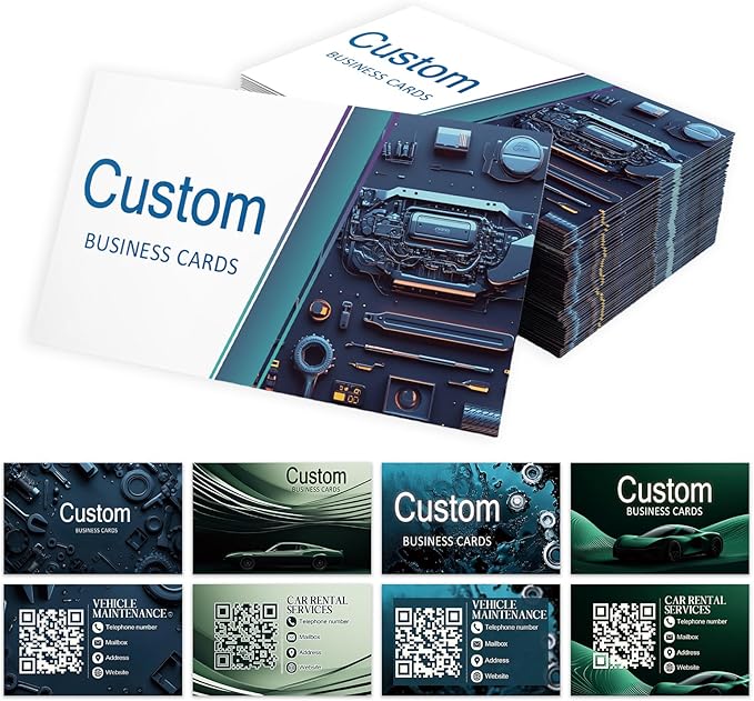 Custom Business Cards - Customizable Logo/Text/QR Code, 300gsm Matte Paper Front & Back Sides Printed, for Auto Repair Stores, Car Rental Stores