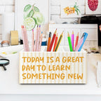 XPH Inspirational Pen Pencil Holder Organizer for Desk, Motivational Gifts for Women, Today Is a Great Day to Learn Something New Wooden Box Sign for Home Office Desk Tabletop Decorations