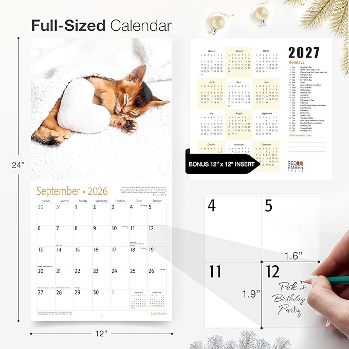 RED EMBER Cuddly Kittens 2026 Wall Calendar 12 Month | 12" x 24" Open | Thick & Sturdy Paper | Holiday Gift | Cute Kitten Cat Calendar 2026