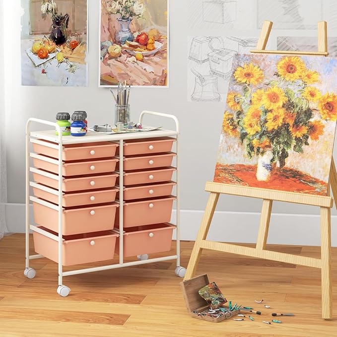 LDAILY 12 Drawer Rolling Storage Cart, Craft Cart Organizer on Wheels w/Metal Frame, Large Capacity & Smooth Drawer, Rolling Cart w/Drawers for Classroom, Office