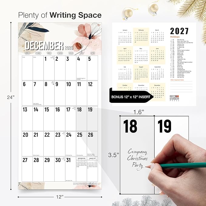RED EMBER The Big Grid - Floral 2026 Wall Calendar 12 Month | 12" x 24" Open | Thick & Sturdy Paper | Holiday Gift | Jumbo Large Print Nature Calendar 2026