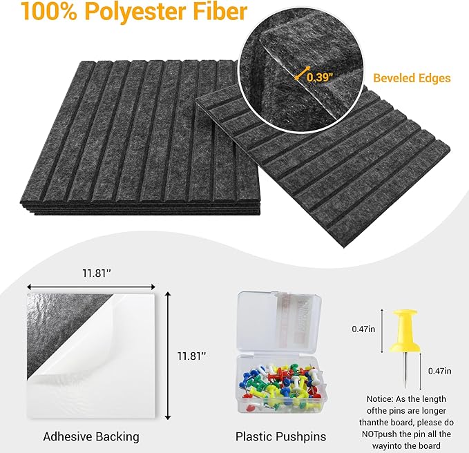 Cork Board Tiles for Wall with Push Pins, Removable 36" x 24" Slat Bulletin Board Sets, Adhesive Pin Board | Magrowill 6 Packs Felt Panels for Office Home Classroom Dorm Interior Wall Decor, Deep Gray