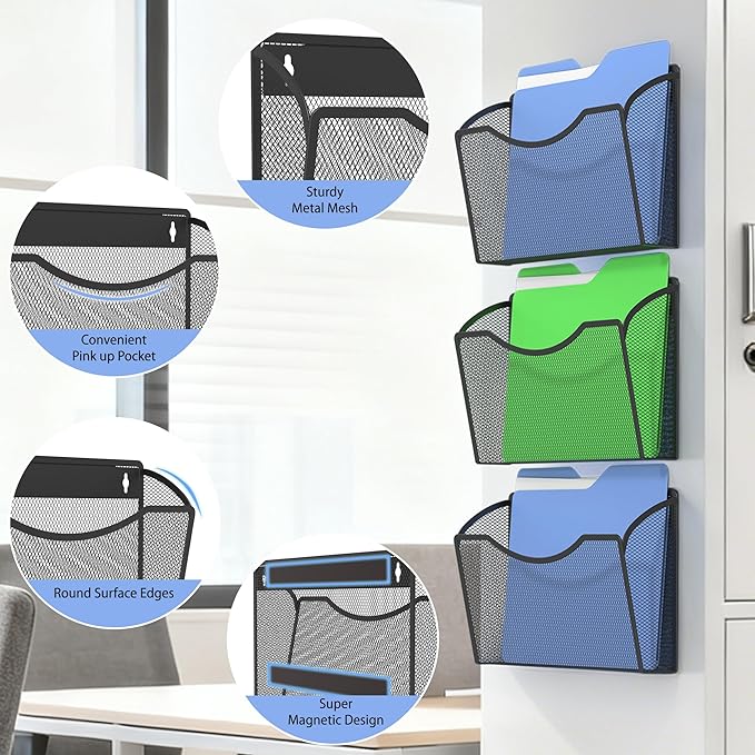 Gawerk Mesh Hanging Wall File Holders, Metal Vertical Wall Basket Mail Organizer for Office/Home (Black, 3 Pack Magnetic)