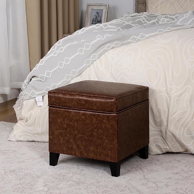 Adeco 17" Storage Ottoman Foot Rest Stool, Dark Brown Leather Ottoman with Black Solid Wood Legs and Hinged Lid, Small Foot Stool for Living Room, Bedroom