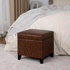 Adeco 17" Storage Ottoman Foot Rest Stool, Dark Brown Leather Ottoman with Black Solid Wood Legs and Hinged Lid, Small Foot Stool for Living Room, Bedroom
