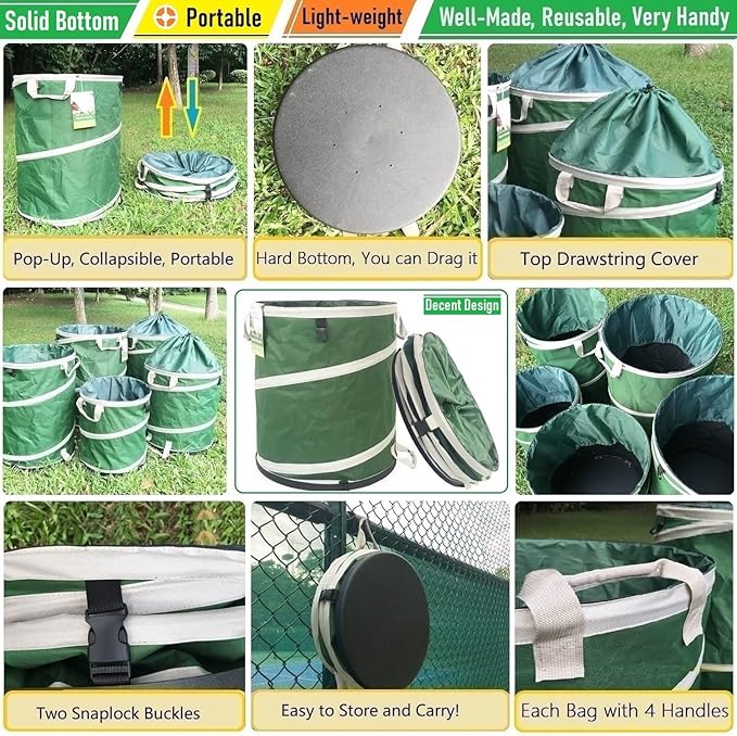 46-Gallon Collapsible Trash Can (22x28 in) Hard-Shell Bottom Yard Garden Bag,Big Leaf Bag,Yard Waste Bag,Debris Container,Pop-Up Recycling Bin,Camping Waste Bin,Laundry Hamper,Lawn Grass,Weeds Barrel