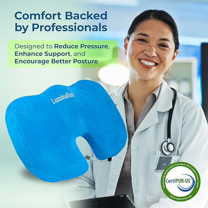 LuminaRest® Gel Enhanced Seat Cushion for Long Sitting | Premium CertiPUR-US® Certified Memory Foam | Non-Flattening Office Chair Cushion for Tailbone Pain Relief, Sciatica & Back Support – (Blue)