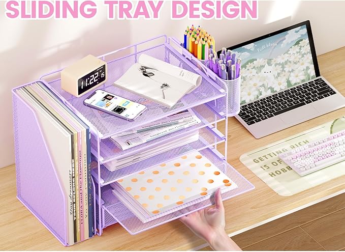 OPNICE Desk Organizer, 5-Tier Paper File Organizer with Drawer & Pen Holder, Office Desk Accessories, Workspace Desktop Organizer for Office Supplies(Purple)