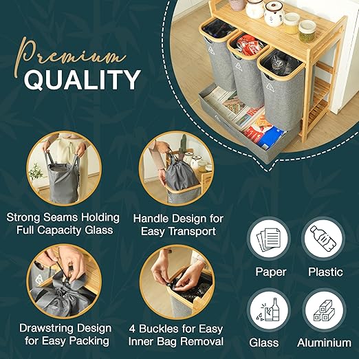 Terratur 4 Section Recycling Bin for Kitchen – Trash and Recycle Bin Combo for Paper, Plastic, Cans – Indoor Recycling Station – Large Kitchen Trash Can – Office Trash and Recycle Bin Organizer