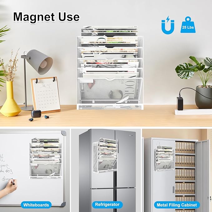 KZWKRG 6 Tier Magnetic File Holder, Large Capacity Mesh Hanging Wall Organizer Vertical Magnetic Hanging File Organizer, Magnetic File Folder Holder for File Cabinets, Office, Whiteboard (White)
