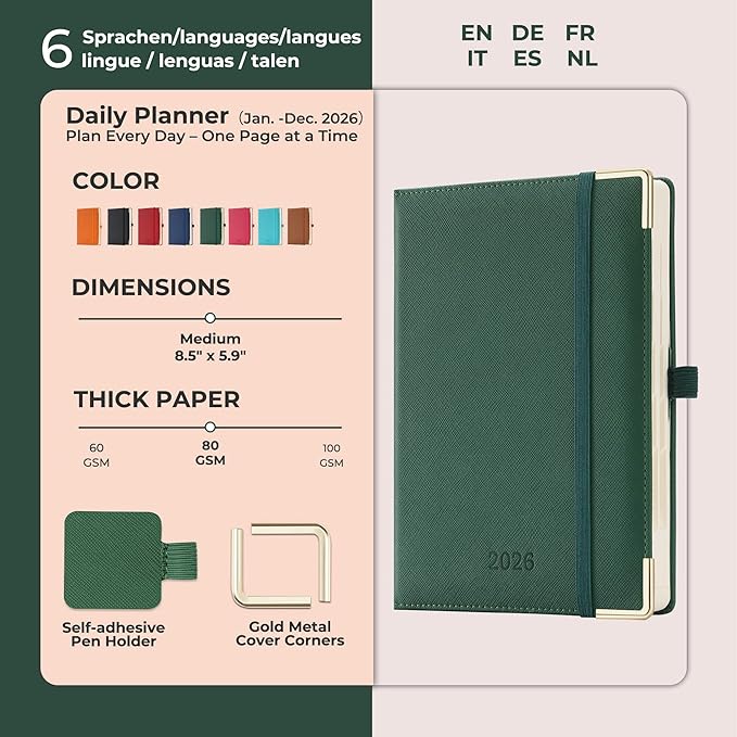 IN-luxpro Daily Planner 2026 with One Page Per Day,(A5-8.5" x 5.9"),12 Months Calendar Hourly Appointment Book Monthly Tabs & Self-adhesive Pen Holder,Inner Pocket, Vegan Leather Hardback,Green