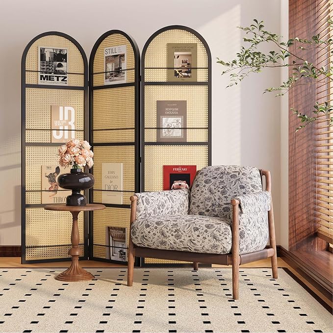 Rattan Room Divider with Built-in Bookshelf | Foldable Privacy Screen & Portable Partition for Home Office, Bedroom, Reading Nook | Wooden Frame, Freestanding Design (Black-Rattan)