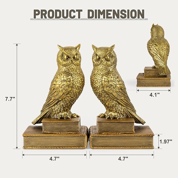 MXARLTR Decorative Owl Bookends, Book Ends for Shelves, Vintage Resin Bookends with Anti-Slip Base for Books Lovers Home Office Decor Book Holder (Gold)