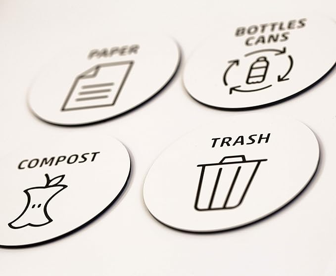 Round 3” Paper Recycling Sign | White Acrylic Sign - Laser Engraved Black Text & Paper Symbol | Signs for Recycling & Document Bin | Office & Home Waste Management