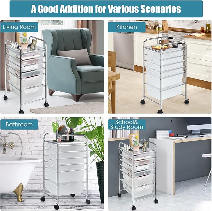Giantex 6 Storage Drawer Cart Rolling Organizer Cart for Tools Scrapbook Paper Home Office School Multipurpose Mobile Utility Cart (Clear White)