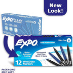 EXPO Wet Erase Markers, Semi-Permanent, Blue, Ultra Fine Tip, 12 Count - For Writing on Glass, Whiteboards, Mirrors, Calendar, Labeling, Organizing