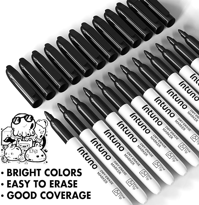 INTUNO Dry Erase Markers, 108 Count Black, Fine tip, Low-Odor, Perfect for Office, Teaching, Meeting, Presentation, Classroom, Home