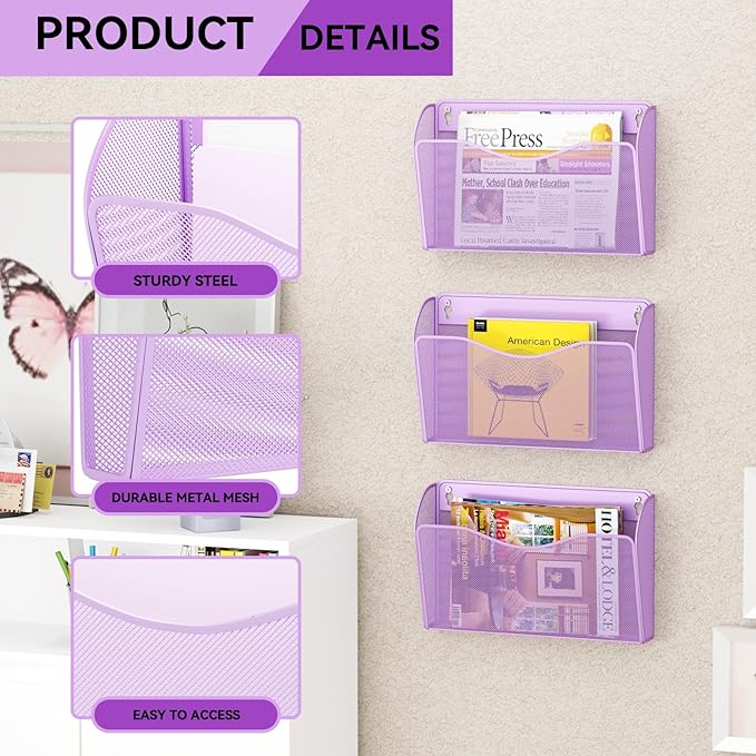 GDINDINFAN 3 Single Pocket Wall File Holder, Mesh Hanging File Folder Paper Organizer, Vertical Wall Mounted Mail Basket, Storage Organization Magazine Rack for Office, Home and School, Light Purple