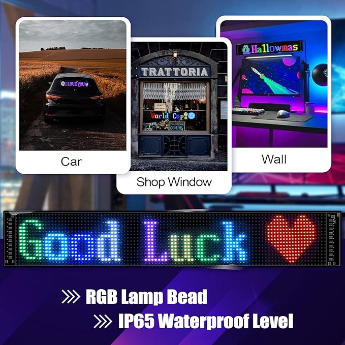 XIAOOHO Programmable LED Car Sign,Scrolling LED Sign,Flexible LED RGB Message Display,Bluetooth APP,DIY Design Colours,Animations,Text, Graffiti