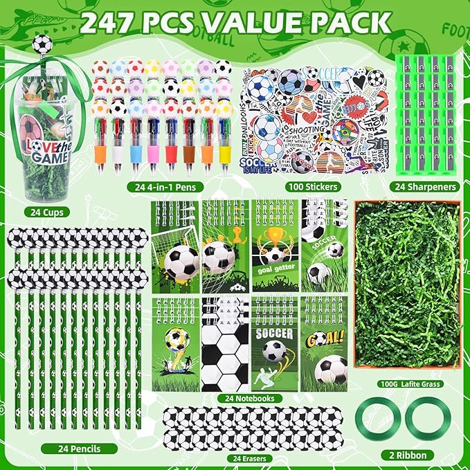 LiYiQ 247 Pcs Soccer Party Supplies Return Gifts for Party, Student Stationery Gifts from Teacher Rewards Prizes, Pencil Erasers Notebooks Stickers for Soccer Classroom Birthday