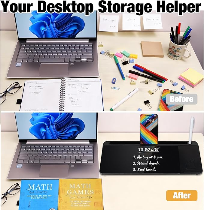 Glass Desktop Whiteboard with Wireless Charger & Storage, Desk Dry Erase Note Memo Board, Compact Desk Organizer for Desk, Office, School Supplies, Black, 2026