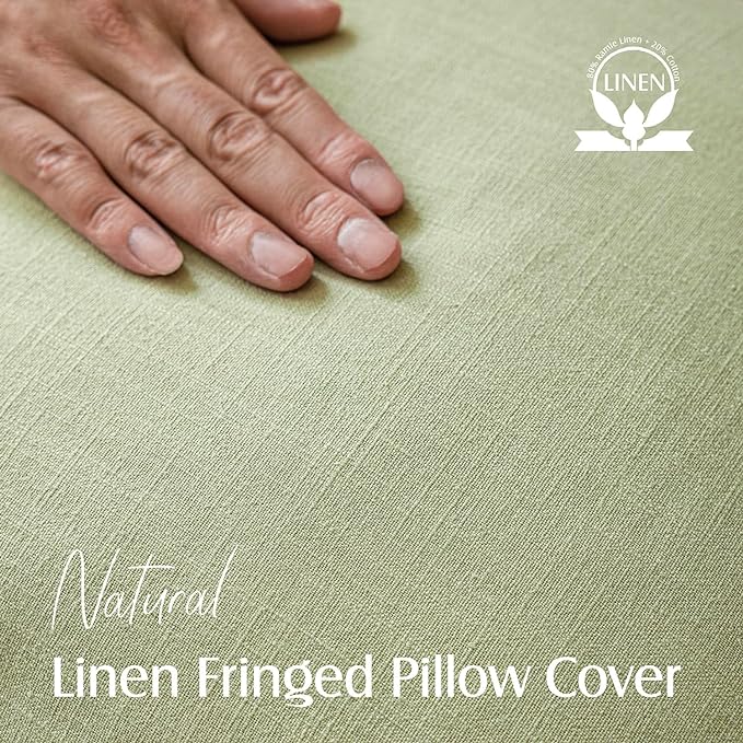 Foindtower Set of 2 Decorative Linen Fringe Throw Pillow Covers Boho Farmhouse Cushion Cover with Tassels Soft Accent Pillowcase for Couch Sofa Bed Living Room Home Decor,16×16 Inch,Light Sage Green