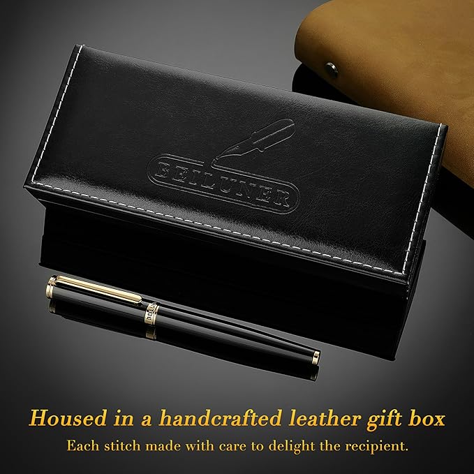 BEILUNER Black Fountain Pen,Stunning Luxury Pens with 24K Gold Accents, Gorgeous 24K Gilded Nib(Extra Fine), Fancy Pen Gift for Men&Women -Ink Converter-Elegant, Reliable,Christmas Presents, Nice Pen