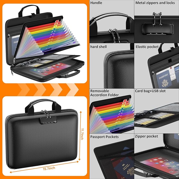 Fireproof File Organizer with Lock, Hard-Shell Case Fireproof Document Box with 13 Colorful Pockets Accordion File Folder, Important Document Organizer for Letter A4 Files Laptop Passports (Black)