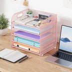 Cawukege 5 Tier Paper Organizer with Handle, Metal Mesh Desk Organizer File Folder Paper Letter Tray Desktop Document Sorter for Classroom, School, Office Accessories Organization and Storage - Pink