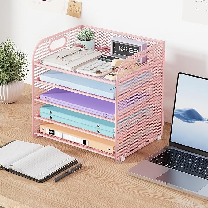 Cawukege 5 Tier Paper Organizer with Handle, Metal Mesh Desk Organizer File Folder Paper Letter Tray Desktop Document Sorter for Classroom, School, Office Accessories Organization and Storage - Pink