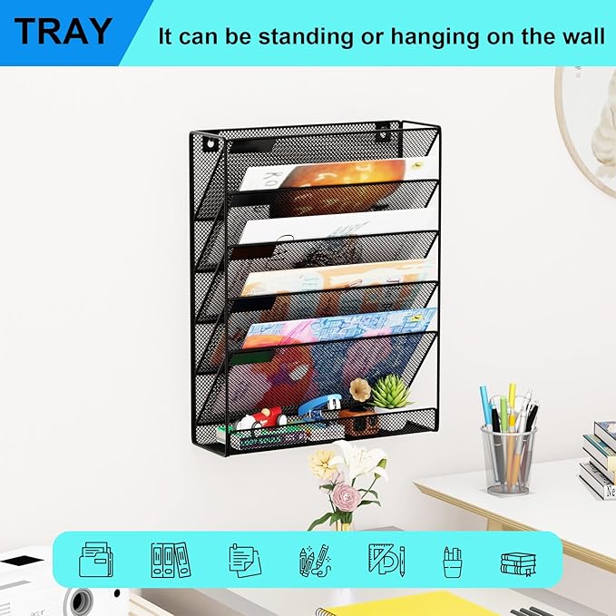 GDINDINFAN 6-Tier Hanging File Organizer Office Cubicle Accessories for Work Organizer Wall Mount File Holder for Mails Folders Papers Magazine Organization, Black