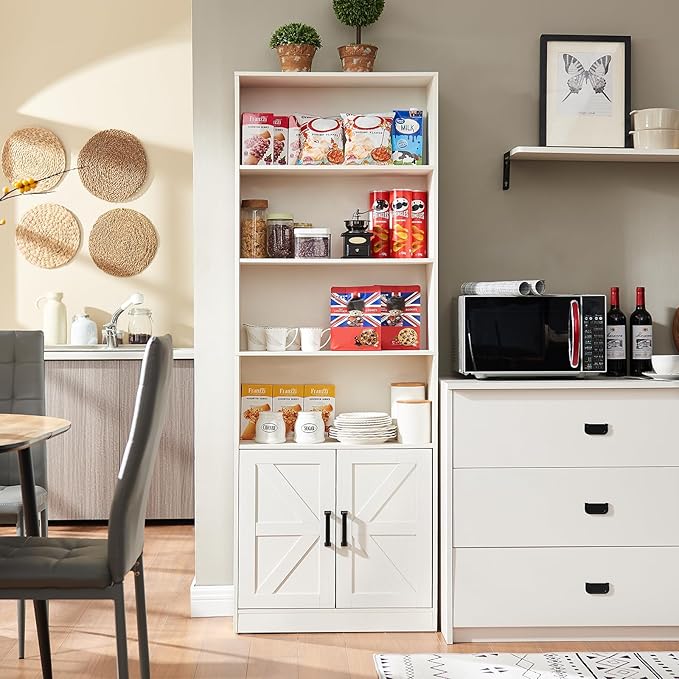 RWYHG 70in Tall Bookshelf 6 Tier Bookcase with Barn Doors and Adjustable Shelf, White Farmhouse Book Shelves with Storage Cabinet