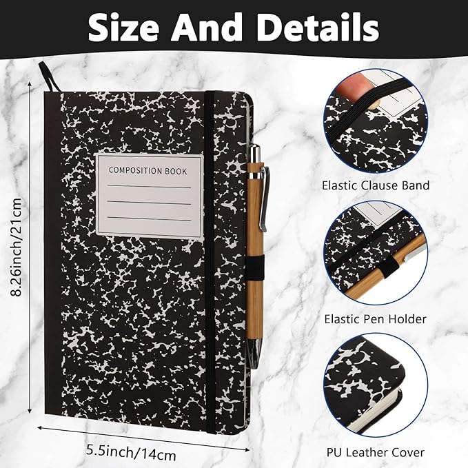 Laumoi 28 Pack PU Leather Lined Notebook Journal Bulk A5 Hardcover Notebook College Ruled 5.5 x 8.2 Inch Journal with Pen Holder for School Business Work Writing(Black,Marble)