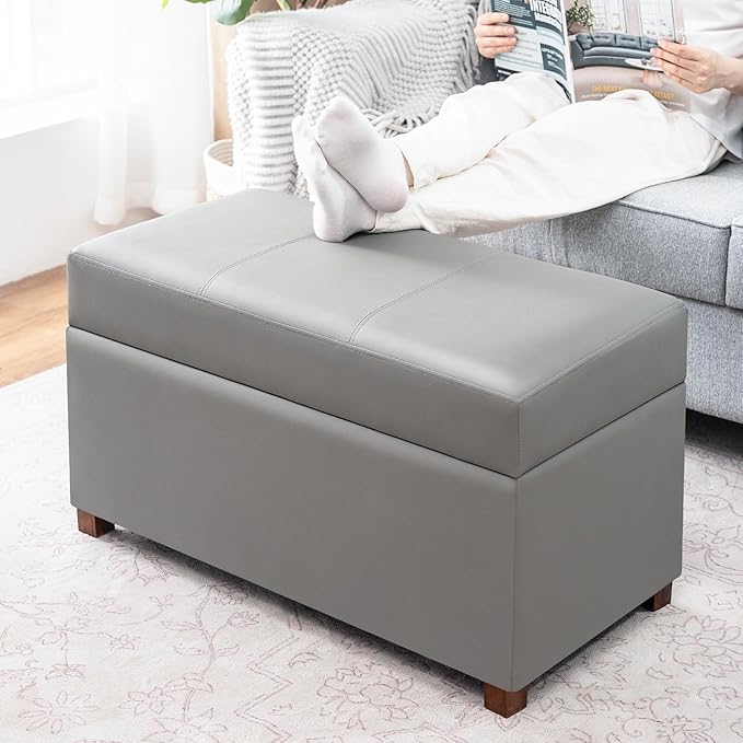 Joveco 32" Leather Storage Ottoman Bench, Rectangle Foot Rest Stool for Living Room, Bedroom, Entryway, Grey