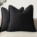 Foindtower Set of 2 Decorative Linen Fringe Throw Pillow Covers Cozy Boho Farmhouse Cushion Cover with Tassels Soft Accent Pillowcase for Couch Sofa Bed Living Room Home Decor, 24×24 Inch, Black