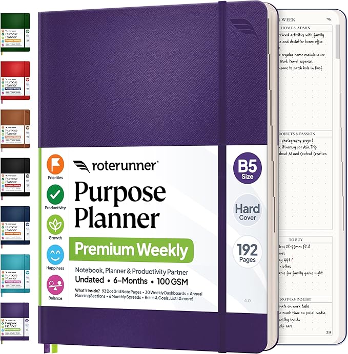Roterunner Purpose Planner Notebook B5 7.5”x9.8” Undated 2026 Daily Weekly and Monthly Productivity Goal Setting Tool for Work Home ADHD Planner for Adults Self Care Journal (Purple Hardcover)