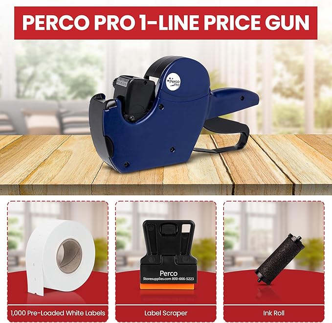 Perco Pro 1 Line Price Gun - Includes 1 Line Pricing Gun, Pre-Loaded Roll of 1,000 White Labels and Ink Roll