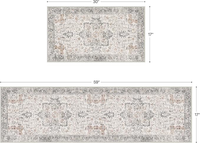 GENIMO Runner Rug 2PCs, Machine Washable Non Slip Vintage Hallway Runner Rug 17.3"x59"+17.3"x30", Low Pile Lightweight Rugs for Indoor Entryway, Hallway, Kitchen and Corridor, Light Taupe Brown
