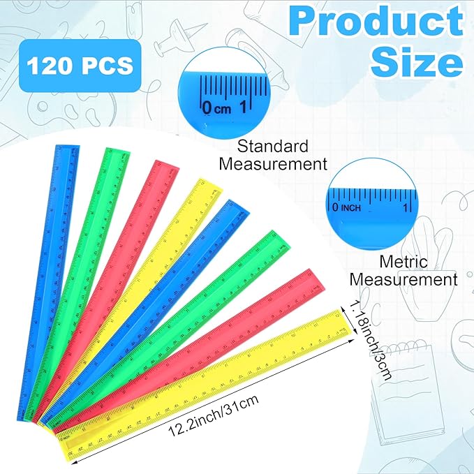 120 Pack Clear Plastic Rulers 12 Inch, Rulers Bulk for Kid, Transparent Assorted Color Metric Bulk Ruler with Inches and Centimeters for Classroom, Home, Office Supplies