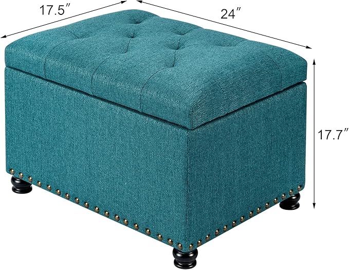 Decent Home 24" Storage Ottoman, Fabric Ottoman Foot Rest Stool with Hinged Lid, Tufted Rectangle Upholstered Footstool, Load Up to 350 lb, for Living Room, Bedroom, Dorm, Teal Blue