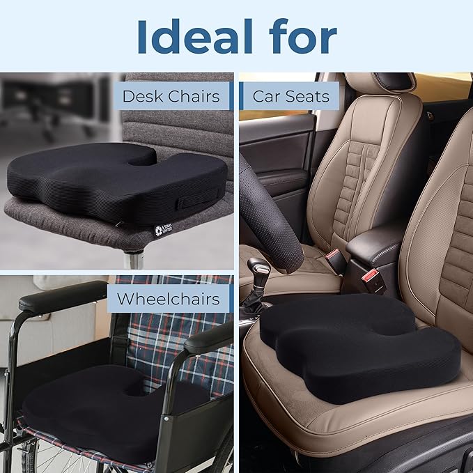 5 STARS UNITED Seat Cushion for Tailbone Pain Relief – Memory Foam Cushion for Coccyx, Hip, Sciatica & Post-Surgery Recovery – Wheelchair, Car, Desk, Gaming & Office Chairs, Black, X-Large