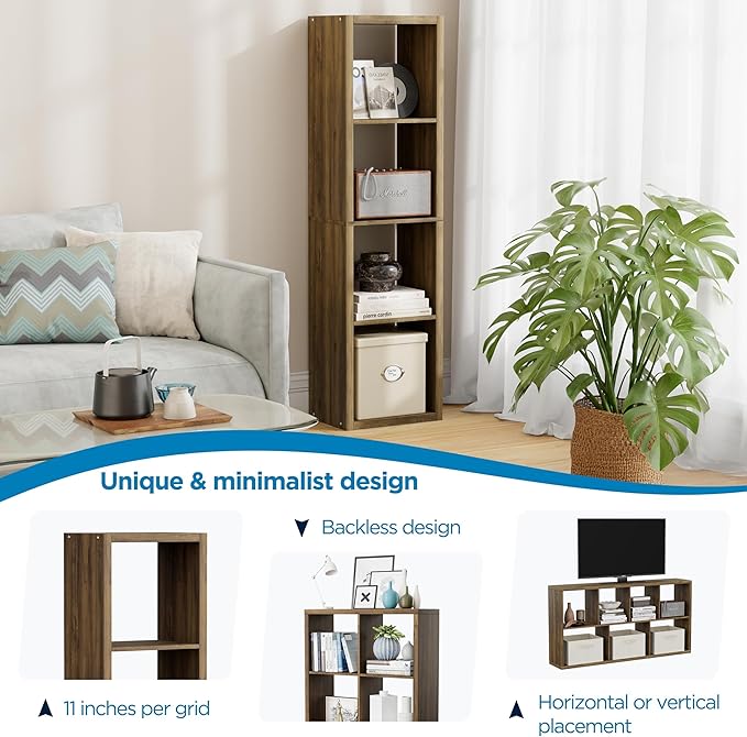 Jpiziso 4 Cube Storage Organizer Single Row, Cube Shelf with Heavy-Duty Thick Boards, 13.31" L x 9.37" W x 48.82" H, Smooth Easy-Clean Panels, Simple Assembly, for Living Room Bedroom Office, Brown
