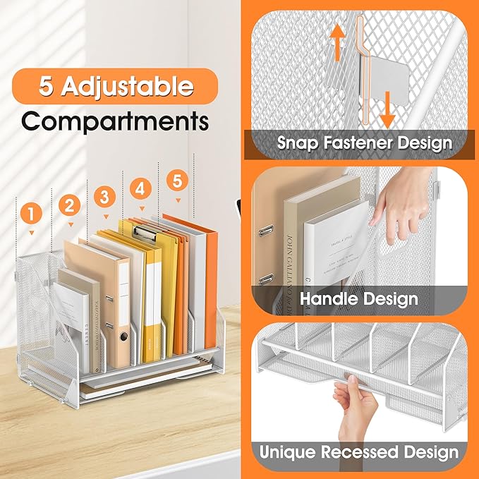 OrgMate Desk File Folder Holder Organizer-5 Vertical Compartments Racks and Paper Letter Tray,Mesh Magazine File Holder Sorter,Desktop Accessories & Workspace Organizers for Home,Office,School-White